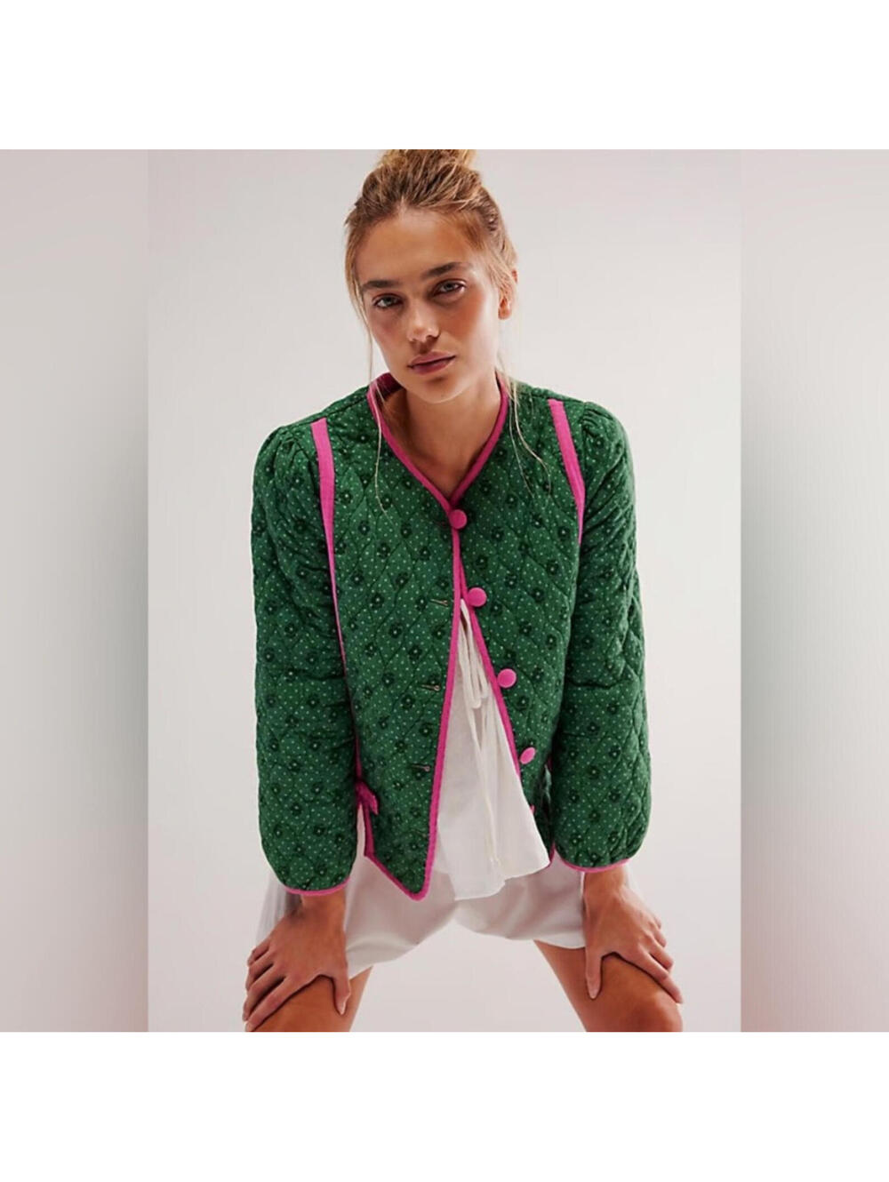 Damson Madder Green Quilted Jacket with Pink Trim